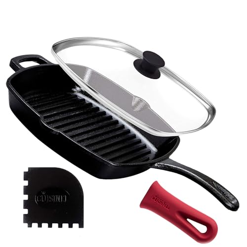 Cast Iron Square Grill Pan + Glass Lid + Pan Scraper + Handle Cover (Grill Pan + Lid)