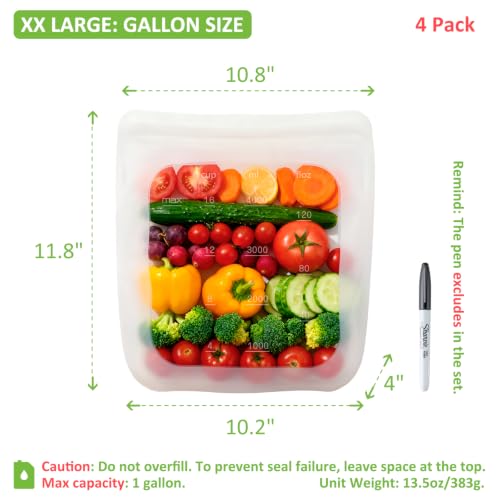 100% Silicone Gallon Storage Bags (Translucent | Gallon-Size | 4 Pack)
