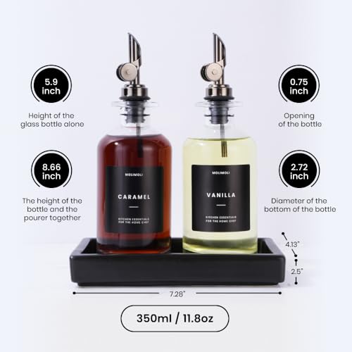 Oil and Vinegar Dispenser with Metal Pour Spout (350ml, Set of 2 Bottles + Tray / Black)