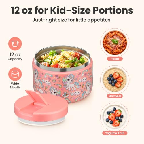 12oz Insulated Vacuum Food Jar with Buckle Lid Wide Mouth Soup Thermo for Hot Food Kids Leakproof Stainless Steel Lunch Container (Pink-Horse / 12OZ)