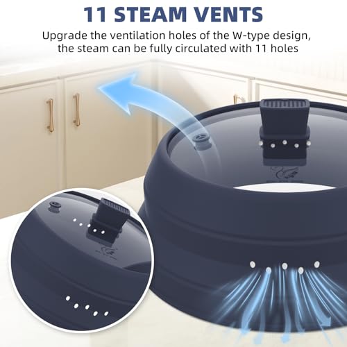 Tall Microwave Splatter Cover Glass Cover Guard Lid 6 inch Height with Collapsible Silicone for Food Pot Plate 12.5 inch Dark Blue (DARK BLUE / Taller style 12.5 inch)