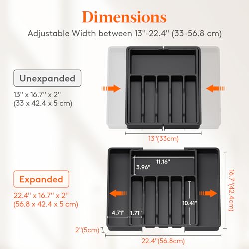 Extra Large Silverware Drawer Organizer (Black / XL Deep (13-22''W x 16.7''D))
