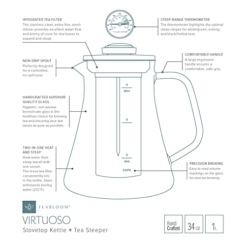 2-in-1 Tea Kettle and Tea Steeper - Glass Teapot with Thermometer and Stainless Steel Loose leaf Tea Infuser, No Whistle Kettles, Virtuoso 34-Ounce Tea Maker