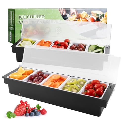 Ice Chilled Condiment Caddy with 5 Removable Trays and Lid (5 Compartment, 2 Pack)
