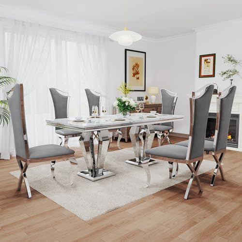 7 Piece Luxury Dining Room Set (Silver White + Grey / Dining Table + 6 High Back Chairs)