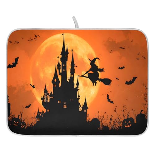 Halloween Witch Bat Castle Pumpkin Dish Drying Mat for Kitchen Counter Absorbent Microfiber Small Drying Pad Dish Mats for Kitchen Countertops 16 x 18 Inch (18" x 16")