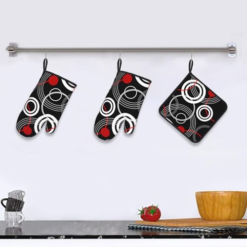 Modern Black Red Retro Oven Mitts and Pot Holders Sets of 3 (Black Red)