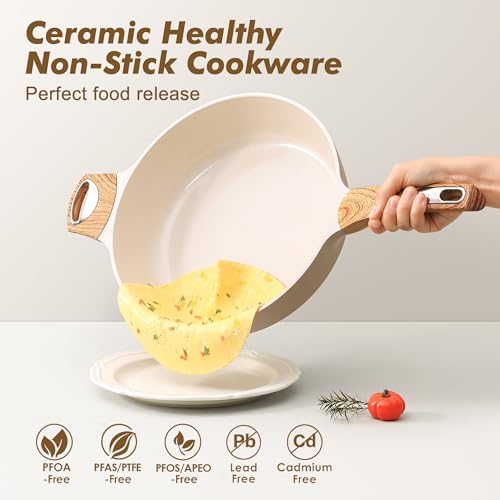 Ceramic Nonstick Frying Pan Skillet with Lid (6QT / 13.3IN / Ceramic Taupe)