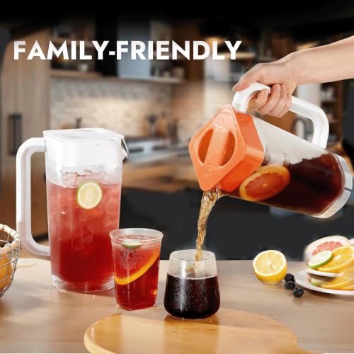 4 Pack 2L 68 oz Plastic Pitcher with Lid & Handle (White-Orange-4pack)
