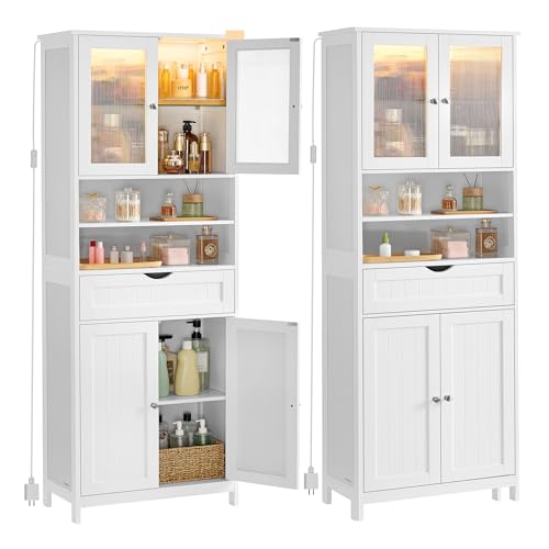 Storage Cabinet with LED Lights (4 Doors + 2 Open Compartments+LED Lights / 11.8"D x 23.6"W x 69.9"H)