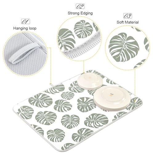 Green Palm Monstera Leaves Dish Drying Mat for Kitchen Counter Absorbent Microfiber Drying Pad (18" x 18")