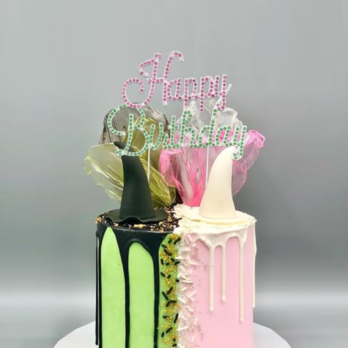 Happy Birthday Cake Topper Pink & Green Rhinestones Witch MovieThemed Cake Topper for Birthday Party Decorations