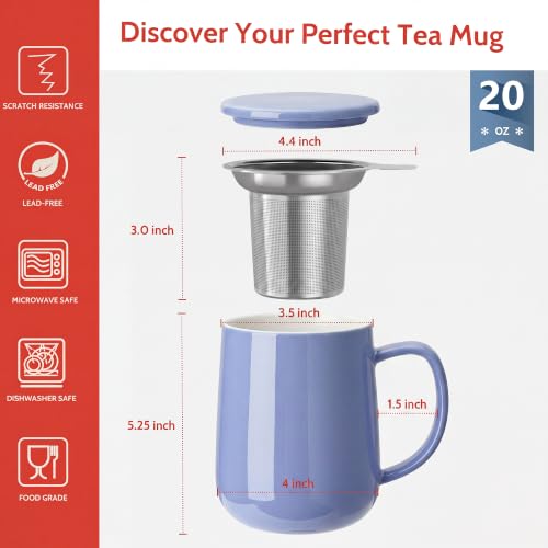 20 OZ Porcelain Tea Mug with Infuser and Lid (Dusty Blue)