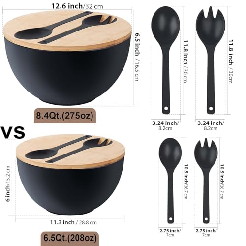12.6" Extra Large Salad Serving Bowl Set with Wooden Lid&Utensils (12.6 inch / Matte Black)