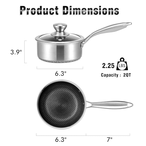 Hybrid Nonstick 2 Quart Stainless Steel Saucepan with Glass Lid (2 Quarts)