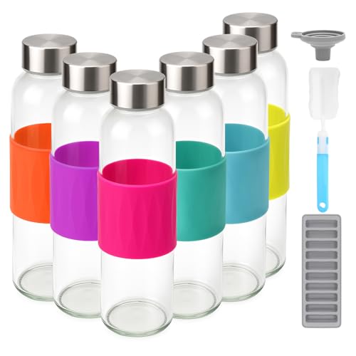 18 oz Glass Juice Bottles with Stainless Steel Lid Leak Proof 6 Pack (Vibrant Sleeve)