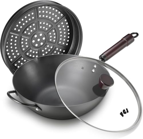 Wok 13 Inch carbon steel wok pan with steamer & stir (13 Inch)