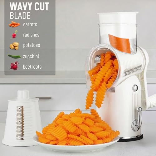 Rotary Cheese Grater Manual Hand Crank 5 Blade Shredder (5 Blades / Classic | White)