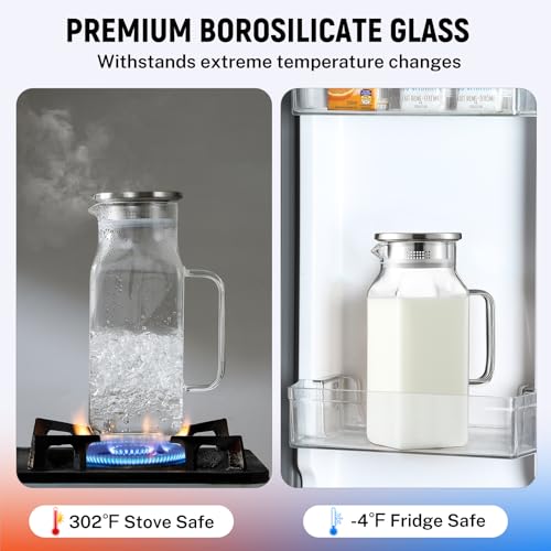 40 oz 1.2Liter Square Glass Pitcher with Lid and Spout (Clear / 40.6 Ounces)