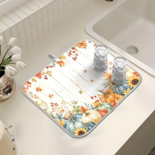 Thanksgiving Dish Drying Mat for Kitchen Counter Absorbent Microfiber Pumpkin Sunflower Fall Autumn Small Drying Pad Dish Mats for Kitchen Countertops 16 x 18 Inch (Thanksgiving Pumpkin / 18" x 16")