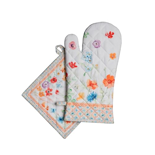100% Cotton Oven Mitt & Pot Holder Set (039 - Summer Whisper / 7.5" x 13" & 8" x 8" (Oven Mitt & Pot Holder))