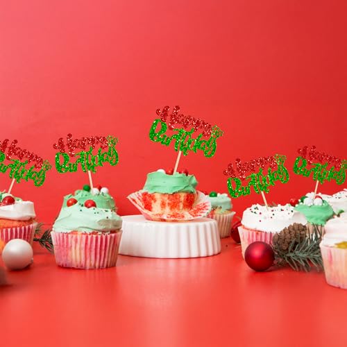 24Pcs Happy Birthday Cupcake Toppers Double Layer Glitter Happy Birthday Cake Decorations for Christmas Theme Baby Shower Anniversary Party Decorations Supplies Red Green (Style 1 / Red Green)