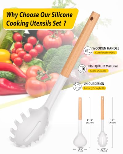 Silicone Soup Ladle and Pasta Spoon Set with Wooden Handle (2 Count)