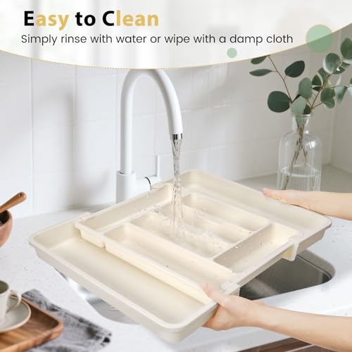 Large Silverware Organizer Tray for Kitchen Drawer Utensils Thicker (Light Beige)