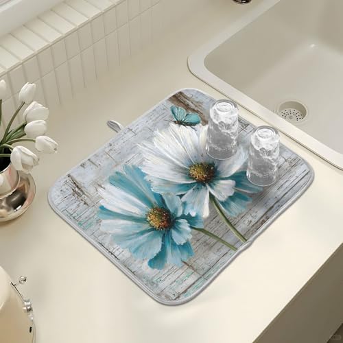 Rustic Teal White Daisy on Vintage Wooden Dish Drying Mat for Kitchen Counter Absorbent Microfiber Large Drying Pad Dish Mats for Kitchen Countertops 18 x 24 Inch (24" x 18")