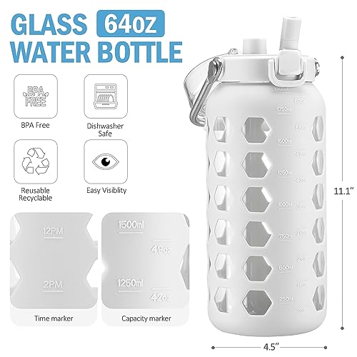 64oz Glass Water Bottle with Straw and Lid (White / 64 Ounces)