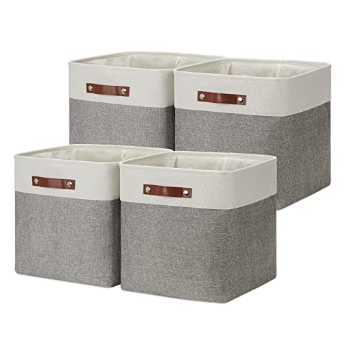 13 inch Fabric Storage Cubes 4 Pack Foldable Baskets (White&Grey / Cube/4P-13"x13"x13")