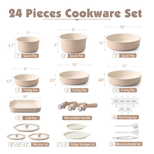 24 Piece Ceramic Detachable Handle Pots and Pans Set Almond Beige (Almond Beige / 24 Piece)
