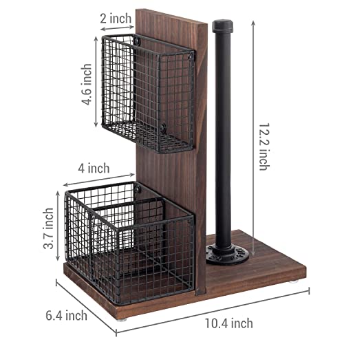 3-in-1 Kitchen Organizer with Paper Towel Holder, Napkin Holder & Spice Rack - Rustic Wood & Industrial Metal Pipe Caddy for Farmhouse Dining Table (Dark Brown Set)