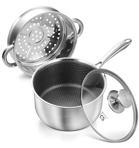 Hybrid Nonstick Stainless Steel Sauce Pan with Steamer Insert (2 Quarts / Silver)