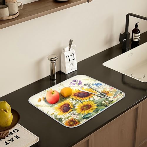 Blooming Sunflowers Dish Drying Mat for Kitchen Counter Absorbent Microfiber Large Drying Pad Dish Mats for Kitchen Countertops 18 x 24 Inch (24" x 18")