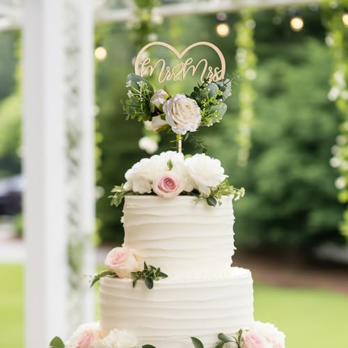 Mr & Mrs Wedding Cake Topper in Wood Heart Cake Topper with Flowers and Leaves (Premium)