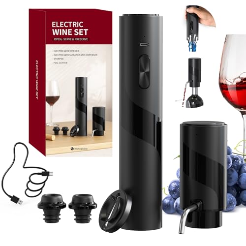 Electric Wine Bottle Opener Set Rechargeable 6 (Premium Black / Electric Wine Aerator Set)