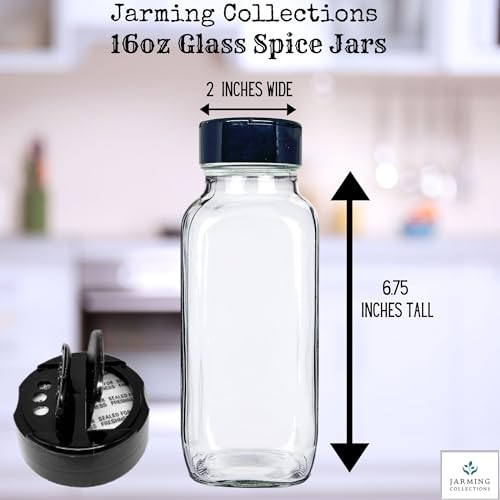 Glass Spice Jars with Shaker Lids (French Square 16oz Black Set of 3)
