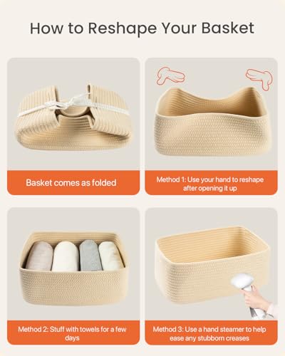 Small Woven Storage Basket for Organizing (Beige / 13.5"L x 9.5"W x 5"H)
