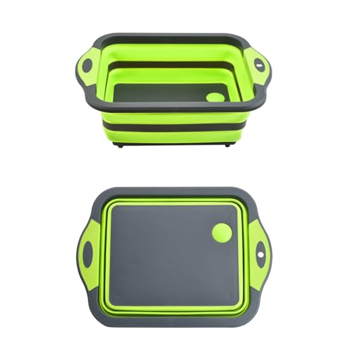 Camping Collapsible Cutting Board Dish Basin BBQ Prep Tub Camp Sink Dish Washing Station Multifunctional Storage Basket (Grey Green)