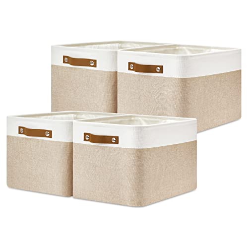 Fabric Storage Bins for Laundry (White&Khaki / L-15"x11"x9.5")