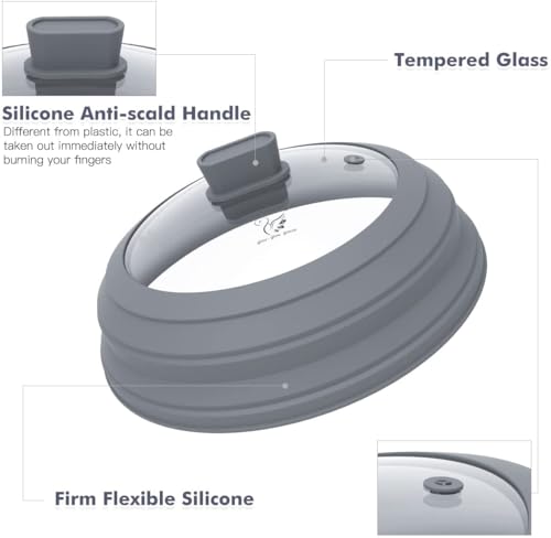 Microwave Splatter Cover Glass Cover Guard Lid with Collapsible Silicone for Food Pot Plate Cover 9.8 inch Light Grey (Light Grey / 9.8 inch)