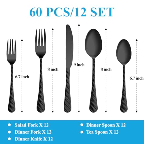 60 Pcs Black Hammered Silverware Set Service for 12 (Black)