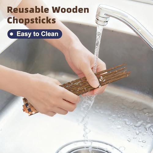 5 Pairs Wooden Chopsticks Reusable Classic Japanese Style Chop Sticks Dishwasher Safe Hand (Natural Wood - Geometric Patterns)