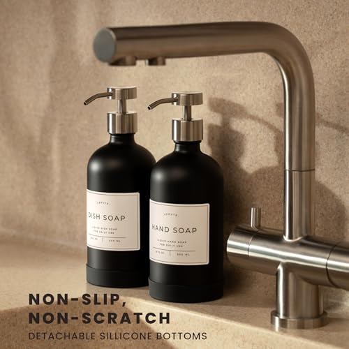Hand and Dish Soap Dispenser for Kitchen and Bathroom (Matte Black Bottle / Brushed Silver Pump)