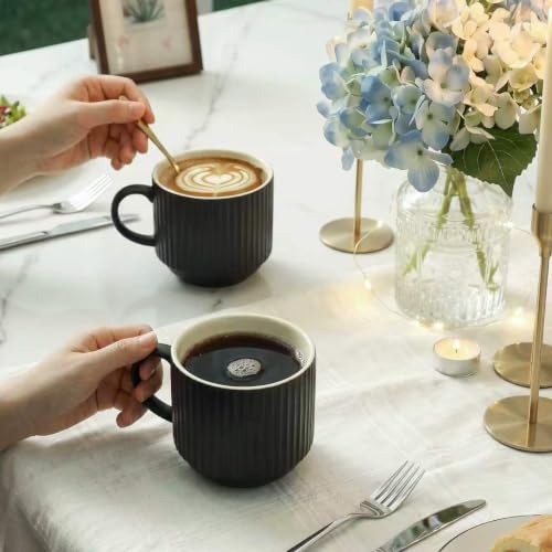 Coffee Mug Ceramic Set of 4 with Stand (Matte Black / 15 Ounces)