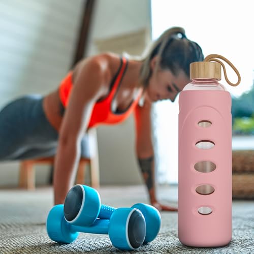 32 oz Narrow Mouth Glass Water Bottle with Windowed Silicone Sleeve (Pink)