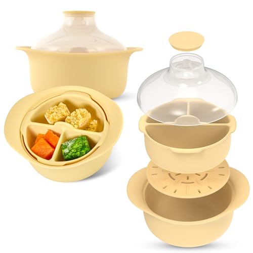 48oz Platinum Silicone 3 Compartmented Microwave Steamer Pot with Handle & Lid (48oz / Butter Yellow)
