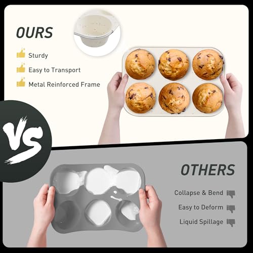 2 Pack 6 Cups Silicone Mini Muffin Pan with Metal Reinforced Frame Silicone Molds Cupcake Cake Baking Pans Cookie Baking Chocoflan Cupcake Mold Cake Molds Kitchen Baking Mom Gift Home Essentials (2pc: 6-Cup Jumbo / Cream)