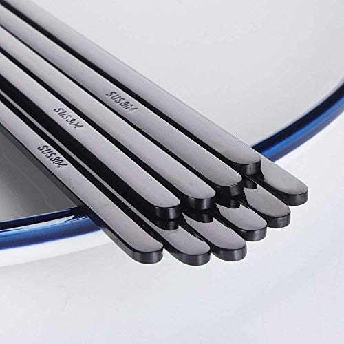 5 Pairs Black Flat Reusable Metal Chopsticks (Black-flat Chopstick)